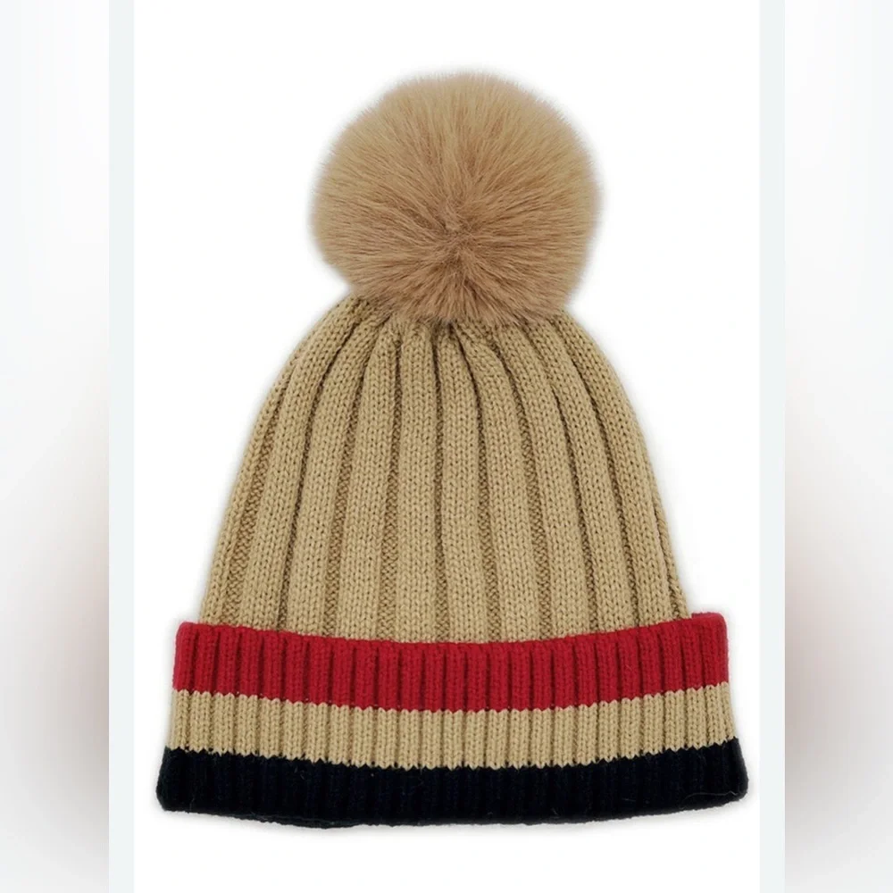 D&Y Rib Knit Beanie with Two Tone Cuff and Faux Fur Pom